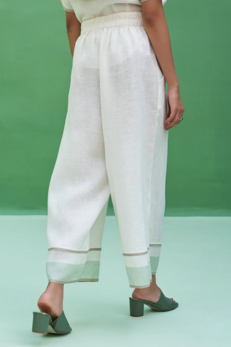 Mara Border Linen Pant
 - Ivory linen by Manan in ivory color for women Worldwide