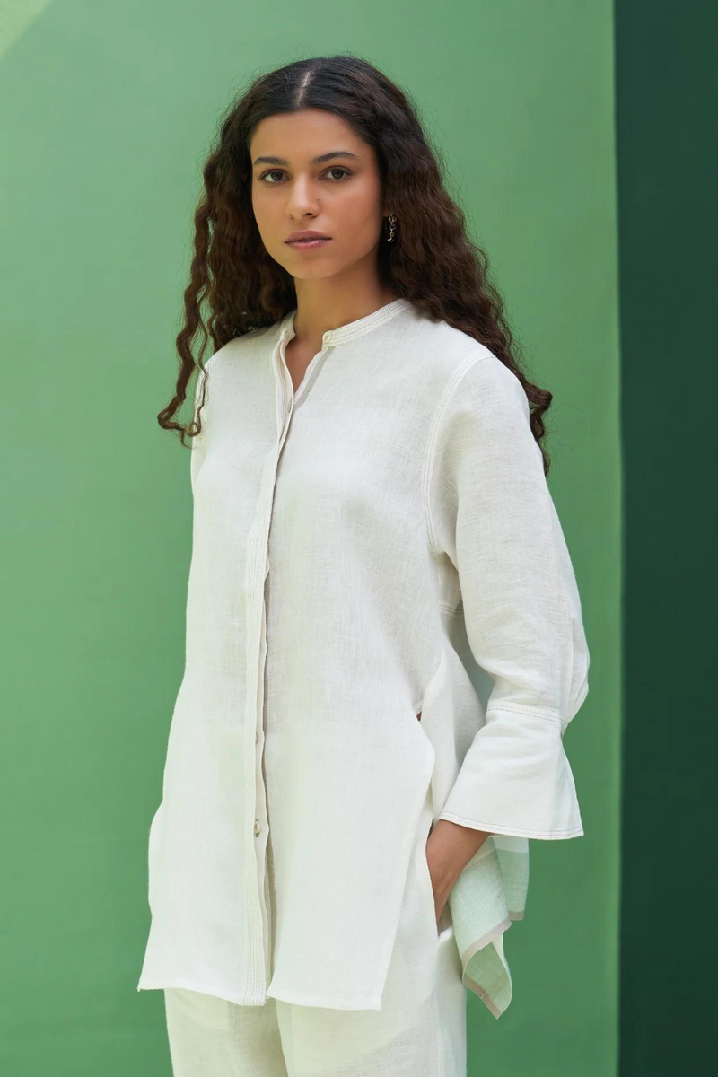 Yoshi Border Linen Co-ord Set
 - Ivory linen by Manan in ivory color for women Worldwide