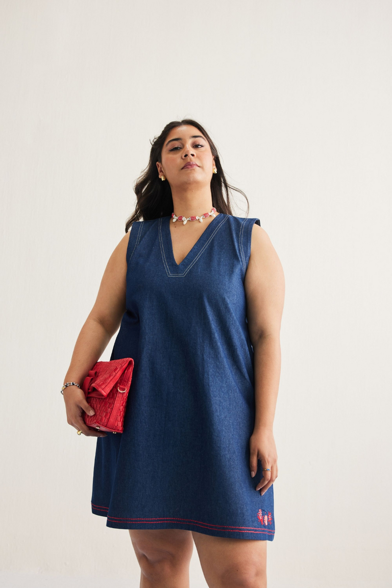 Deep Blue Sustainable Denim Dress cotton by SUI in blue color for women Worldwide