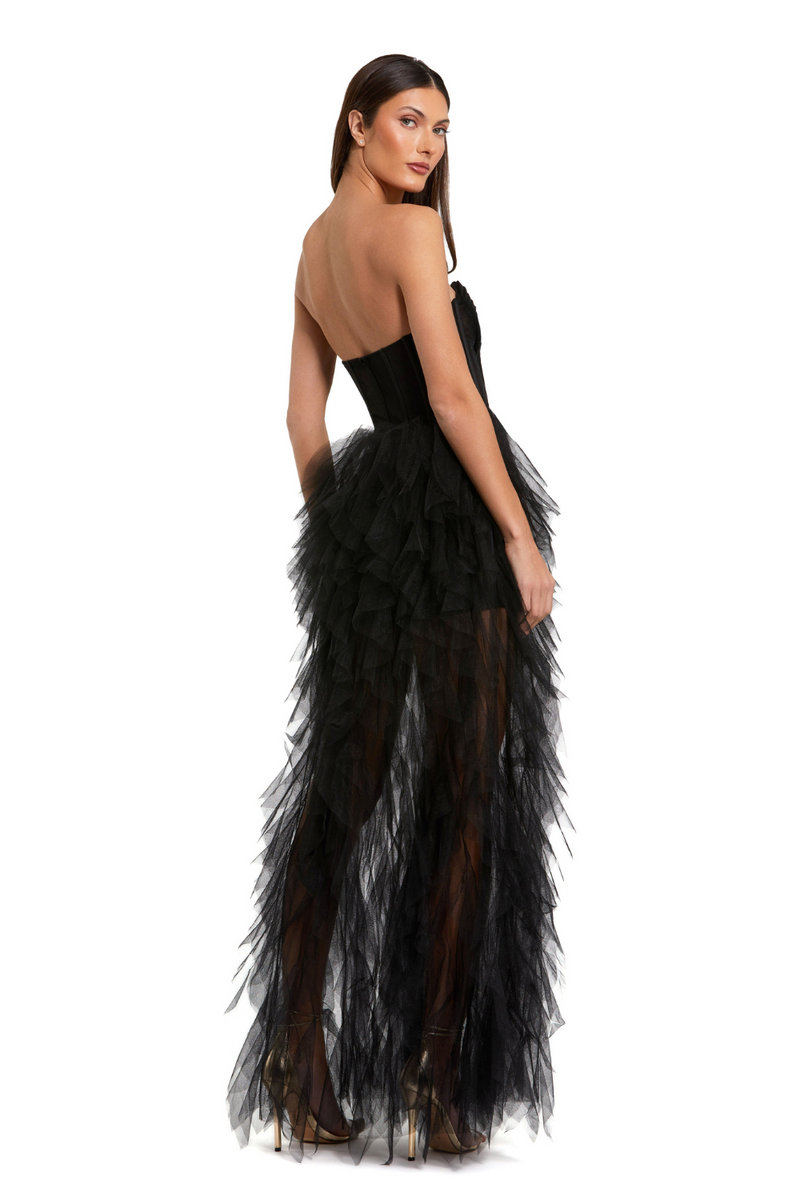 27532-Net Gown with Spiral Ruffles-Black by Mac Duggal in black color for women Worldwide