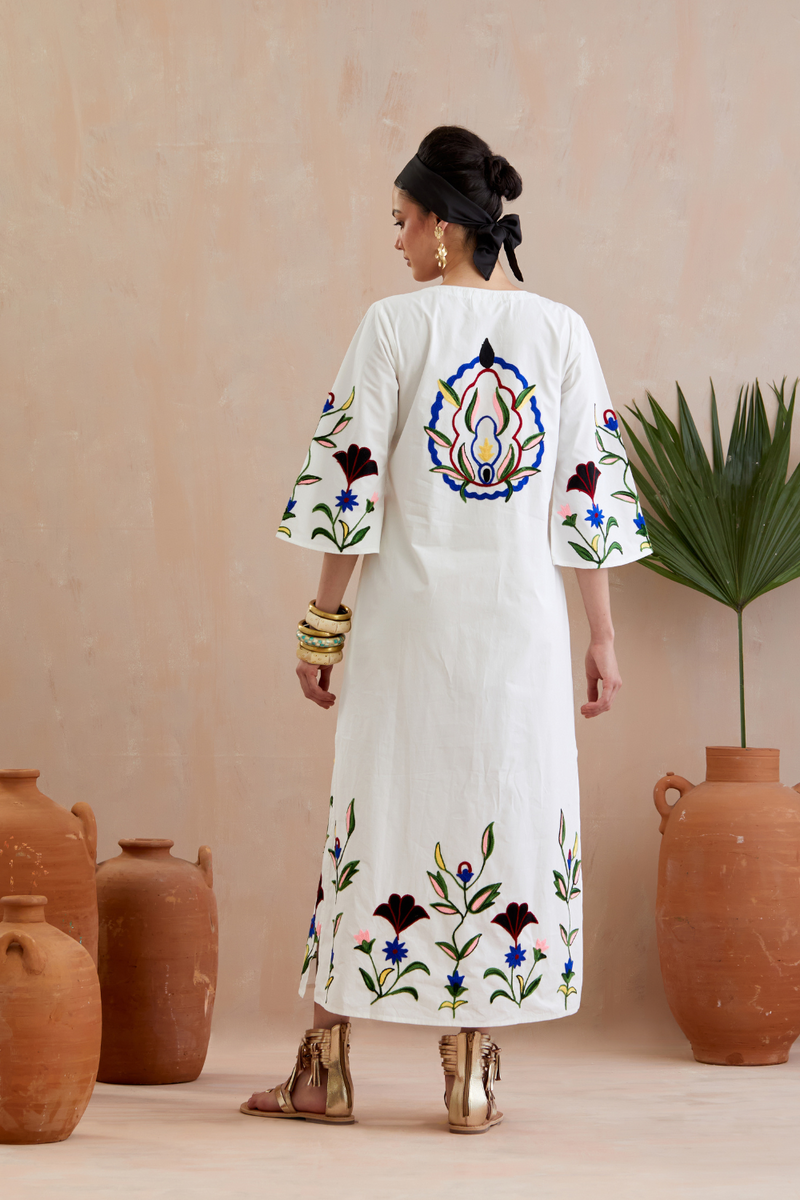 Ivory and Multi Color Thread Embroidery Maxi Dress poplin by Indian Summer Story in ivory color for women Worldwide