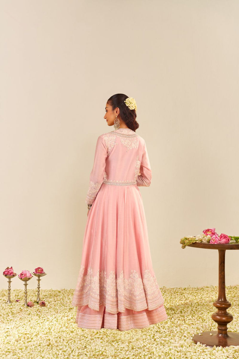 Ameena - Long Anarkali With Skirt And Dupatta-Blush Pink silk by SHEETAL BATRA in blush color for women Worldwide