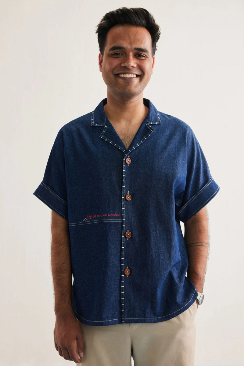 Ocean Morning Sustainable Denim Shirt cotton by SUI in blue color for men Worldwide
