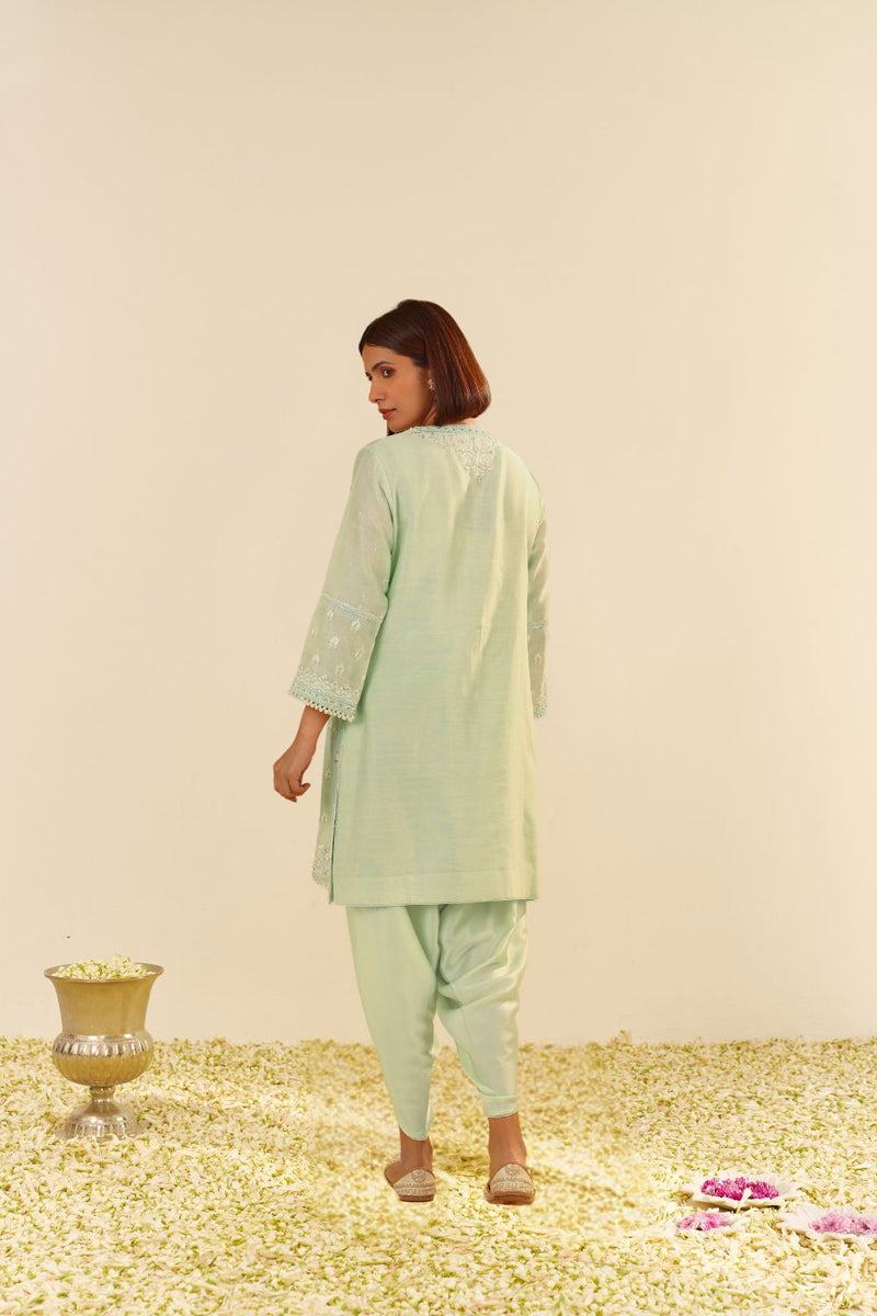 Zahra - Short Kurta With Dhoti-Mint Green silk by SHEETAL BATRA in mint color for women Worldwide