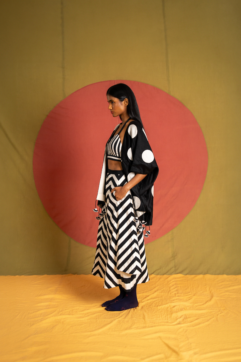 Polka Overlay-Black and White cotton jacket/overlay by Ka-Sha in black for women Worldwide