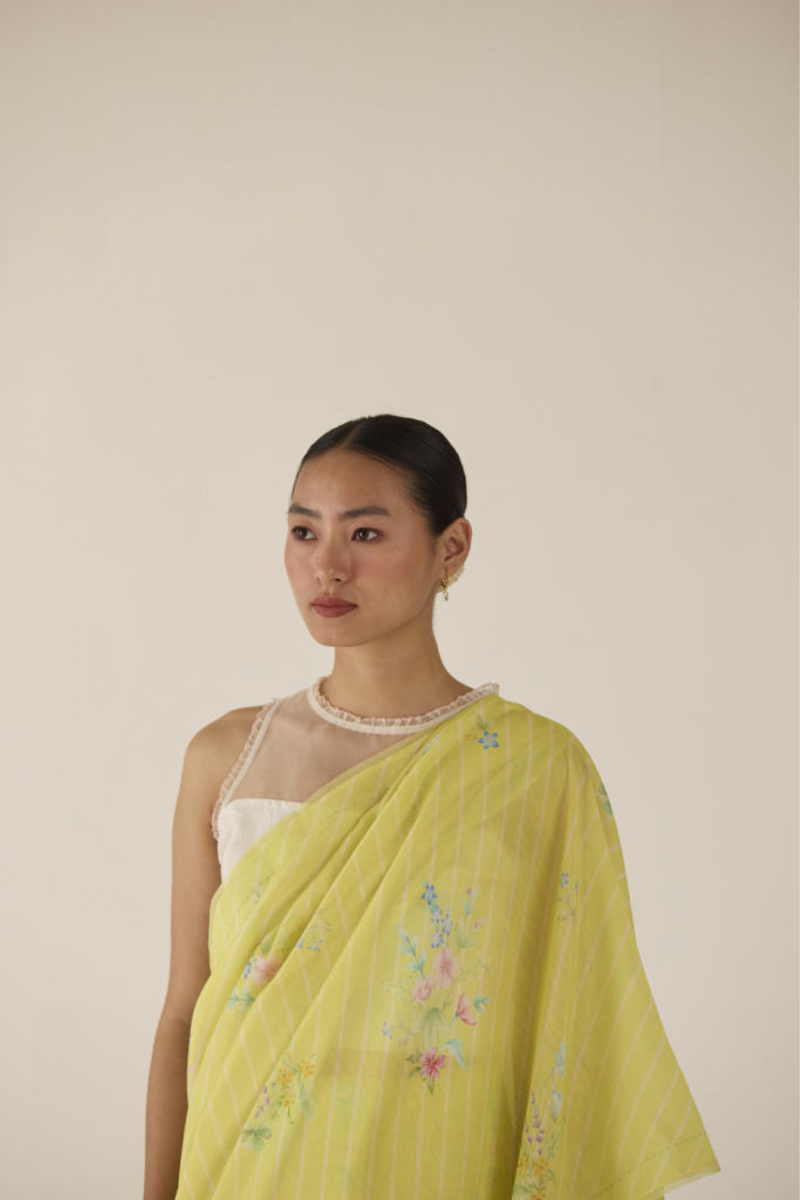 Wildflower Bunch Silk and Cotton Chanderi Sari-Lime silk by Nadiya Paar for women Worldwide
