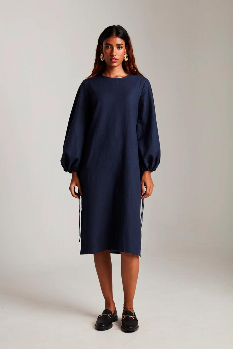 Navy Co-Linen Balloon Sleeves Dress cotton by Saphed in navy color for women Worldwide