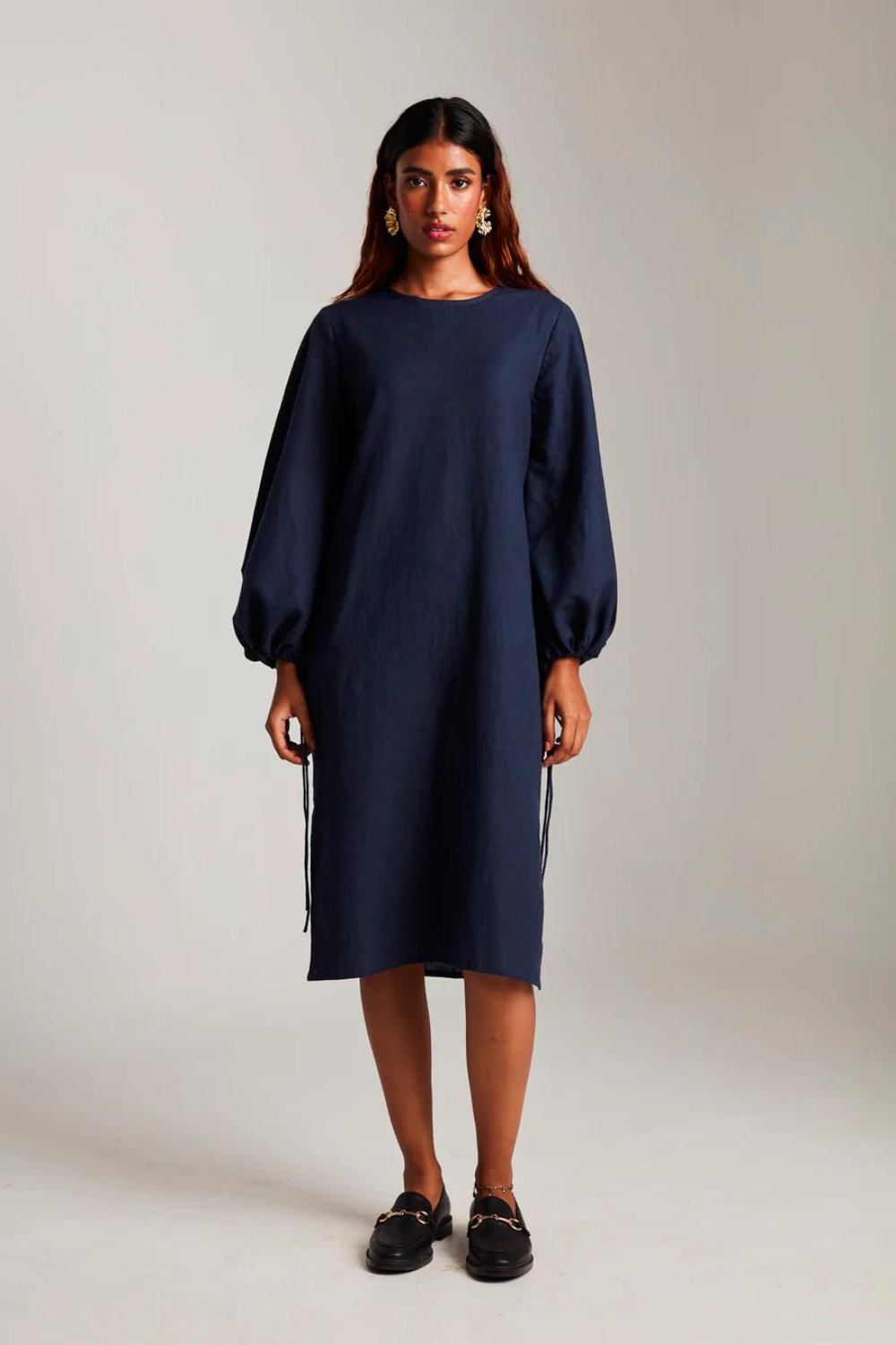 Navy Co-Linen Balloon Sleeves Dress