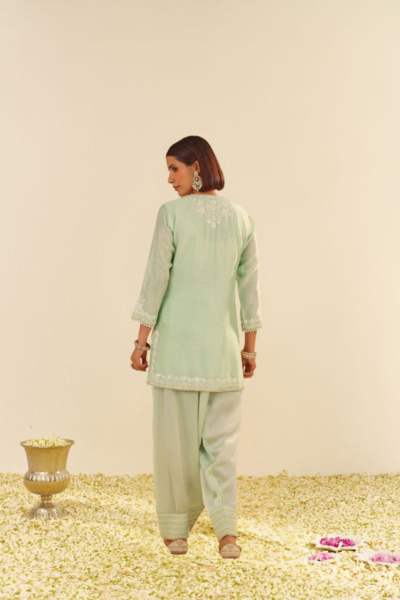Haniya - Short Kurta With Salwar And Dupatta-Mint Green silk by SHEETAL BATRA in mint color for women Worldwide