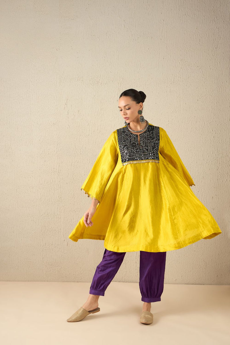 AFGHANI SILK SET - Yellow upper, Purple pants silk by Aavidi in yellow color for women Worldwide