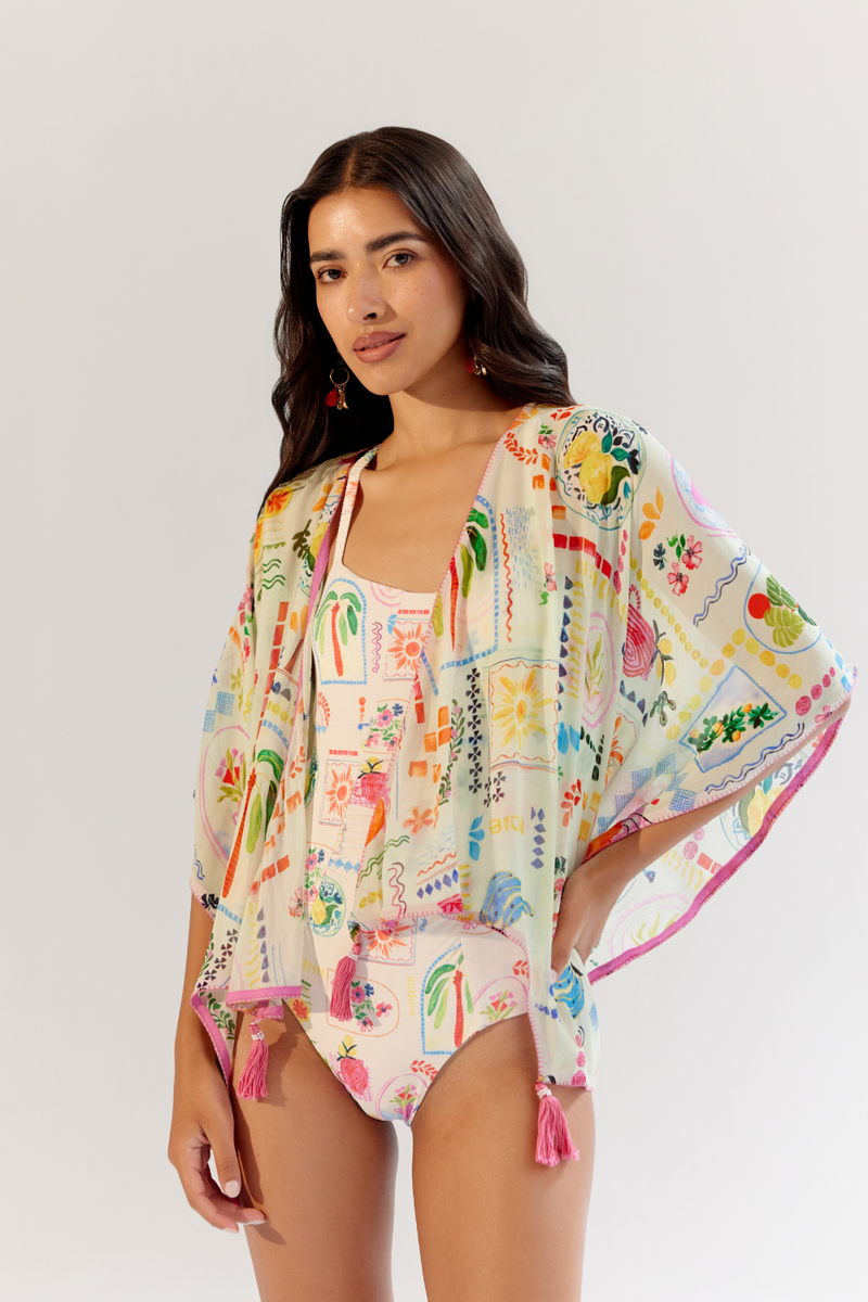 June Coverup (Short) - Postcard georgette by NOIB for women Worldwide