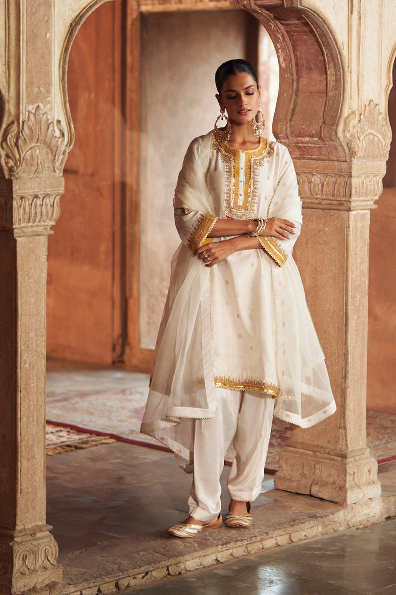 INAAYAT - DAISY IVORY CHAUGA WITH SALWAR chanderi silk kurta/kurta set by SHEETAL BATRA in ivory for women Worldwide