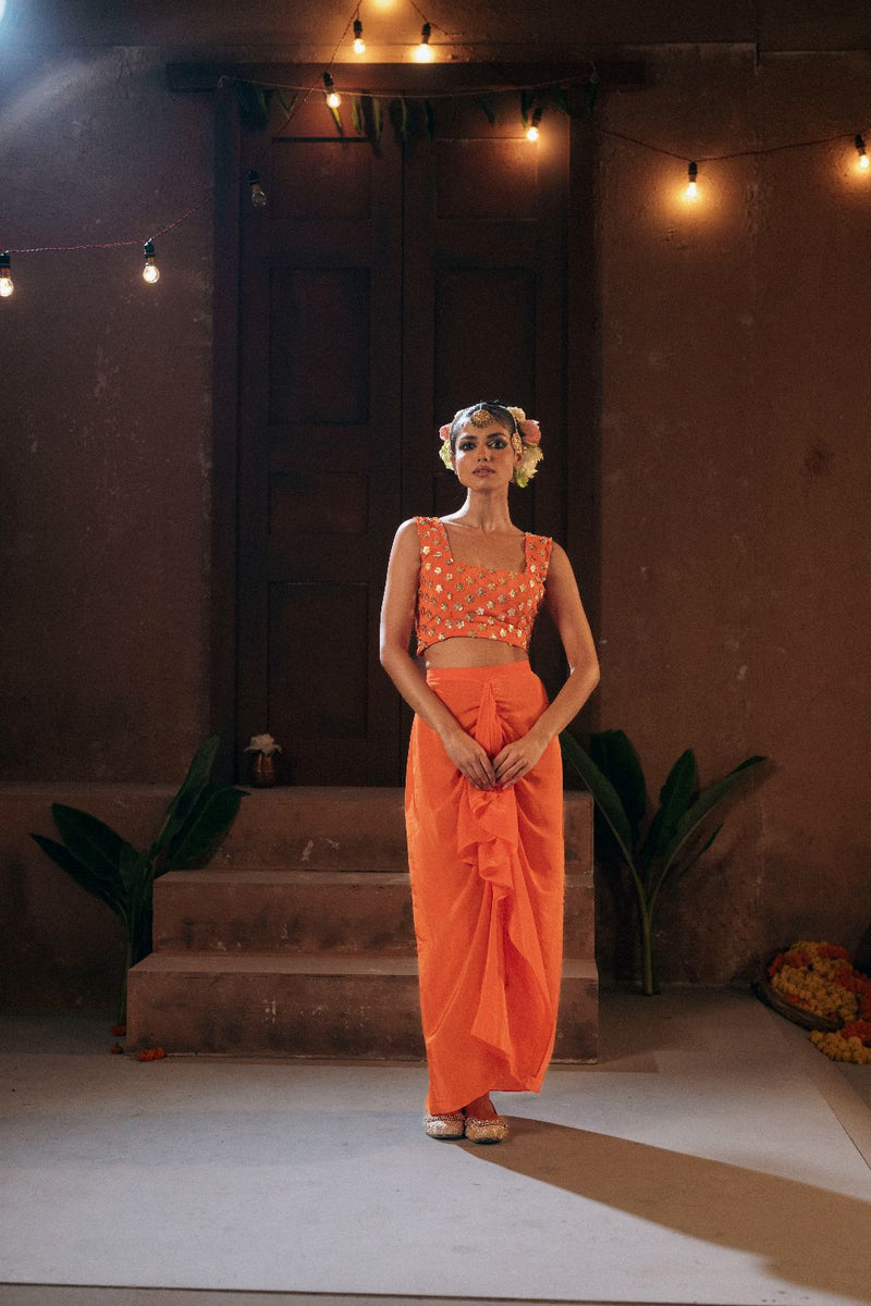 Mangala Blouse Skirt & Cape Set- Orange silk by PRAHNAAYA in orange color for women Worldwide