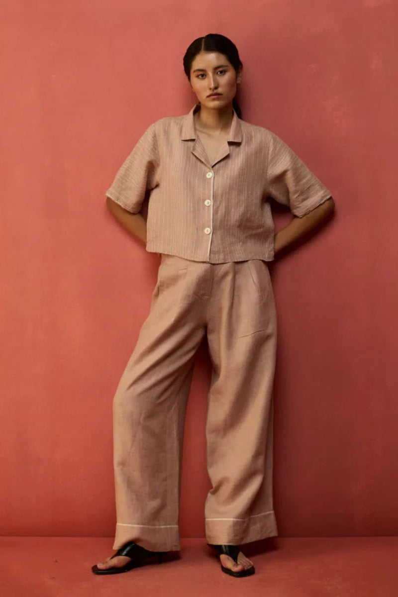 Kiera Cuban Collar Stripe Linen Co-ord Set - Dusty Rose