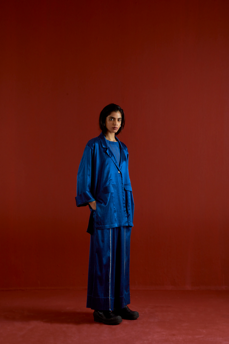 WIDE SLEEVE JACKET CO-ORD-ELECTRIC BLUE satin by THREE in blue color for women Worldwide