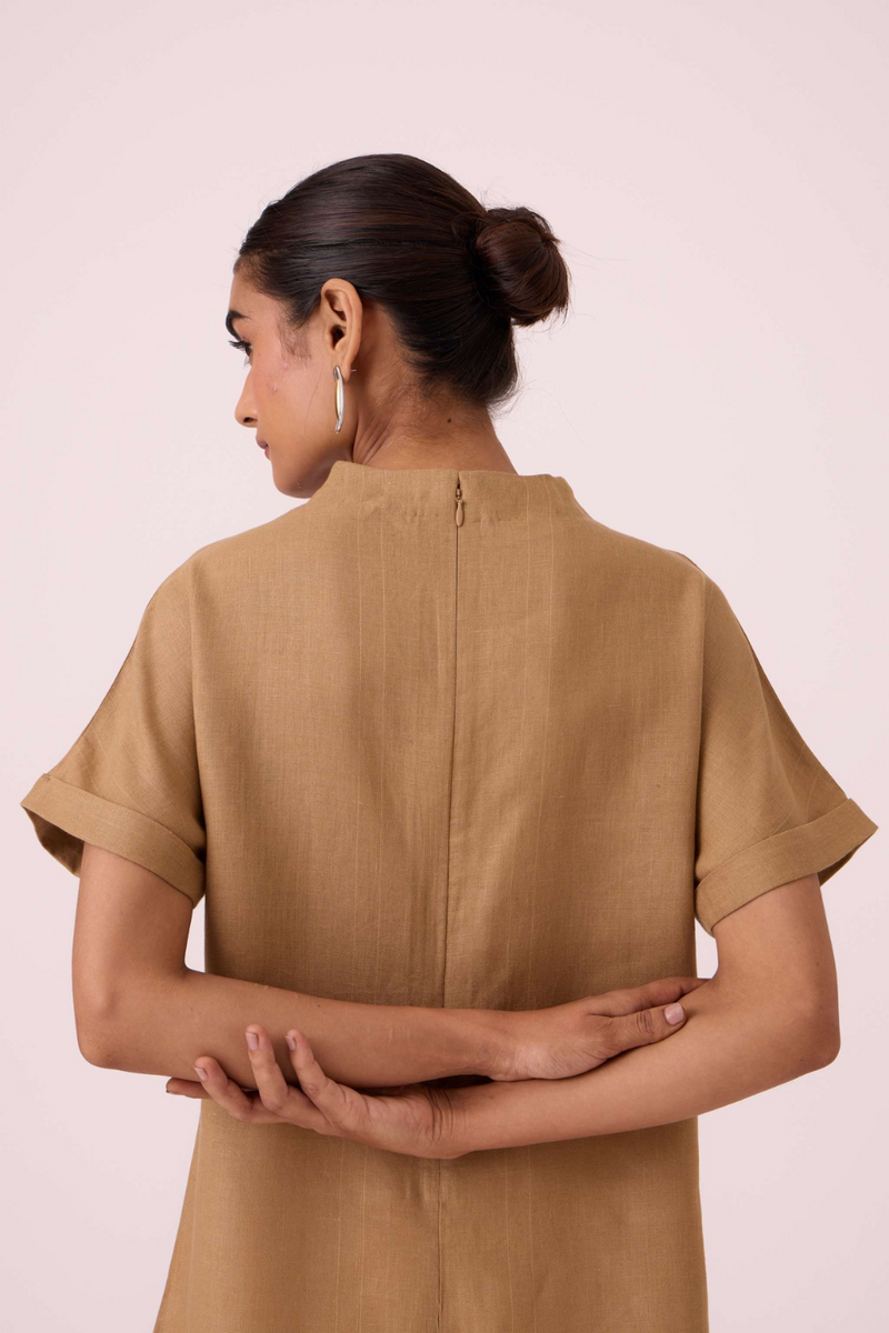 Salome Tan Linen Dress linen by The Summer House in olive color for women Worldwide