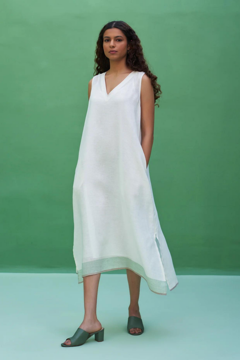 Jin Border Linen Dress 
 - Ivory linen by Manan in ivory color for women Worldwide
