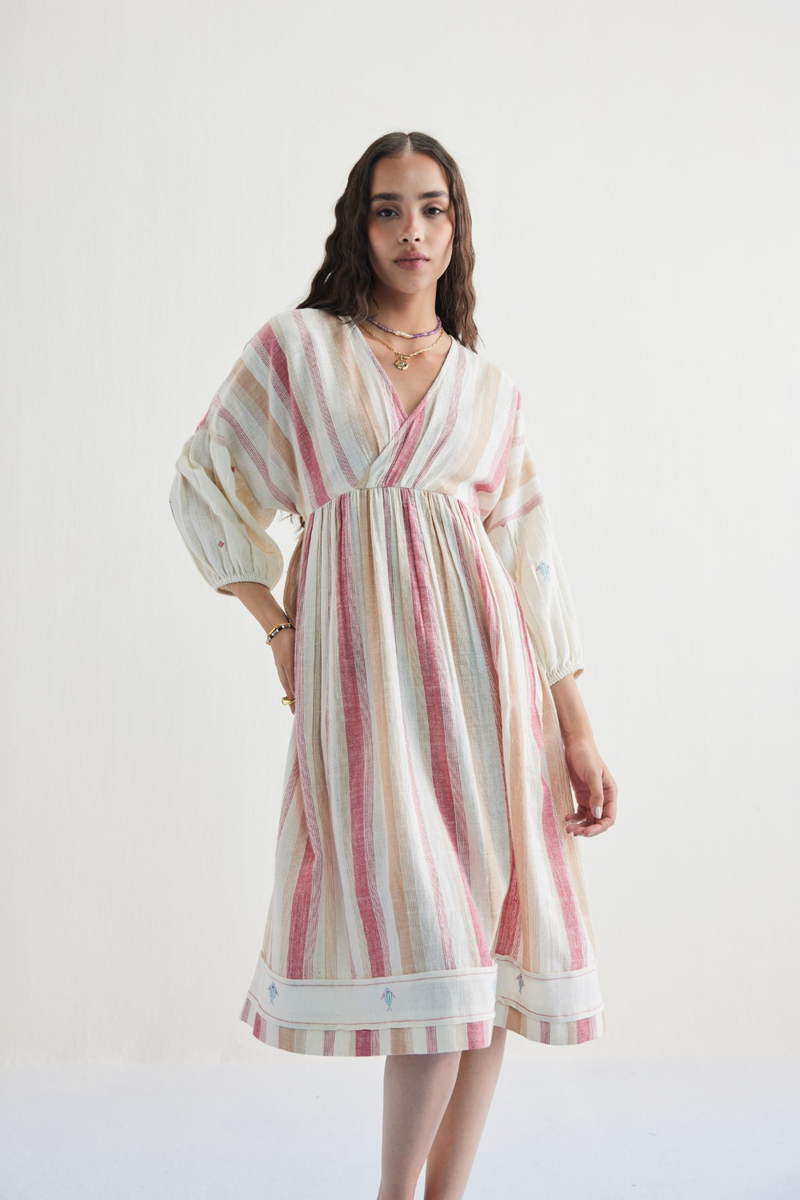 The Reef Shore Handwoven Kala Cotton Midi Dress cotton by SUI in white color for women Worldwide