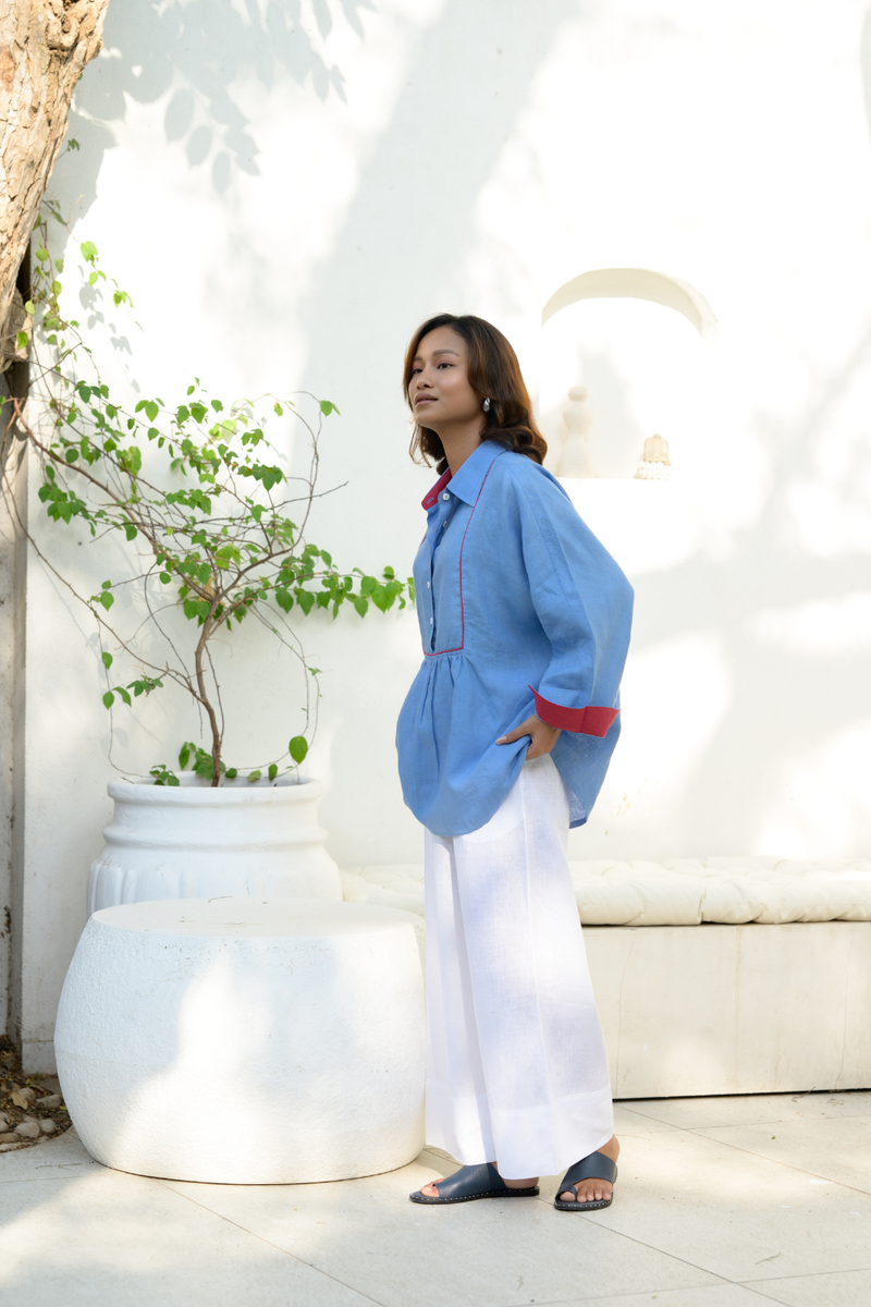 Coastal Palm Shirt linen top/shirt by Zanzibar Living in blue for women Worldwide