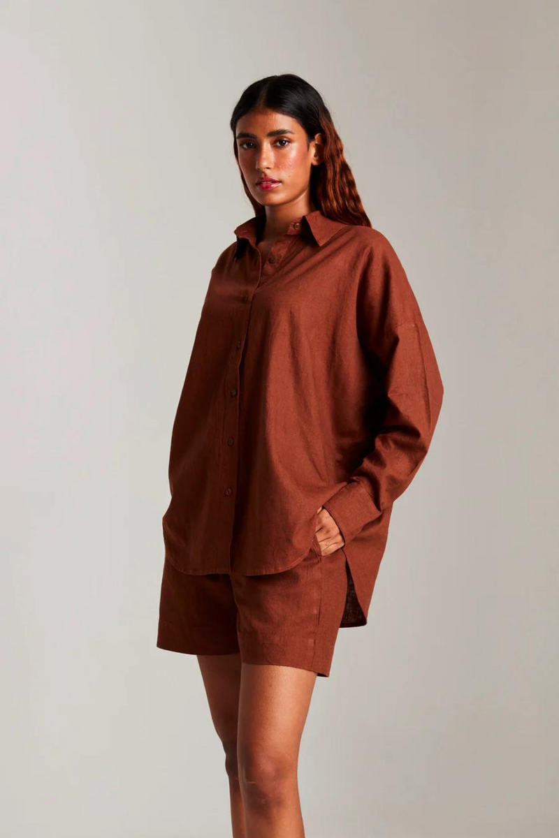 Mocha Co-Linen Classic Shirt cotton by Saphed in brown color for women Worldwide