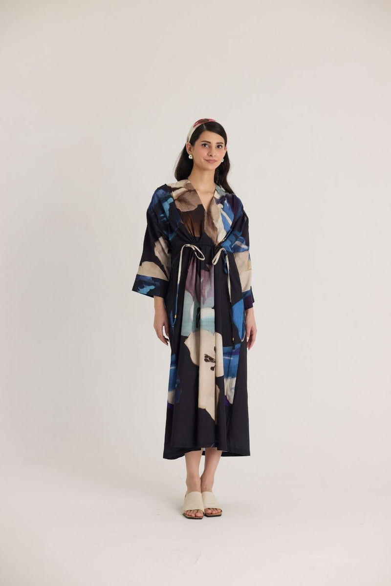 ROCCO DRAWSTRING KAFTAN DRESS poplin by Yam in black color for women Worldwide