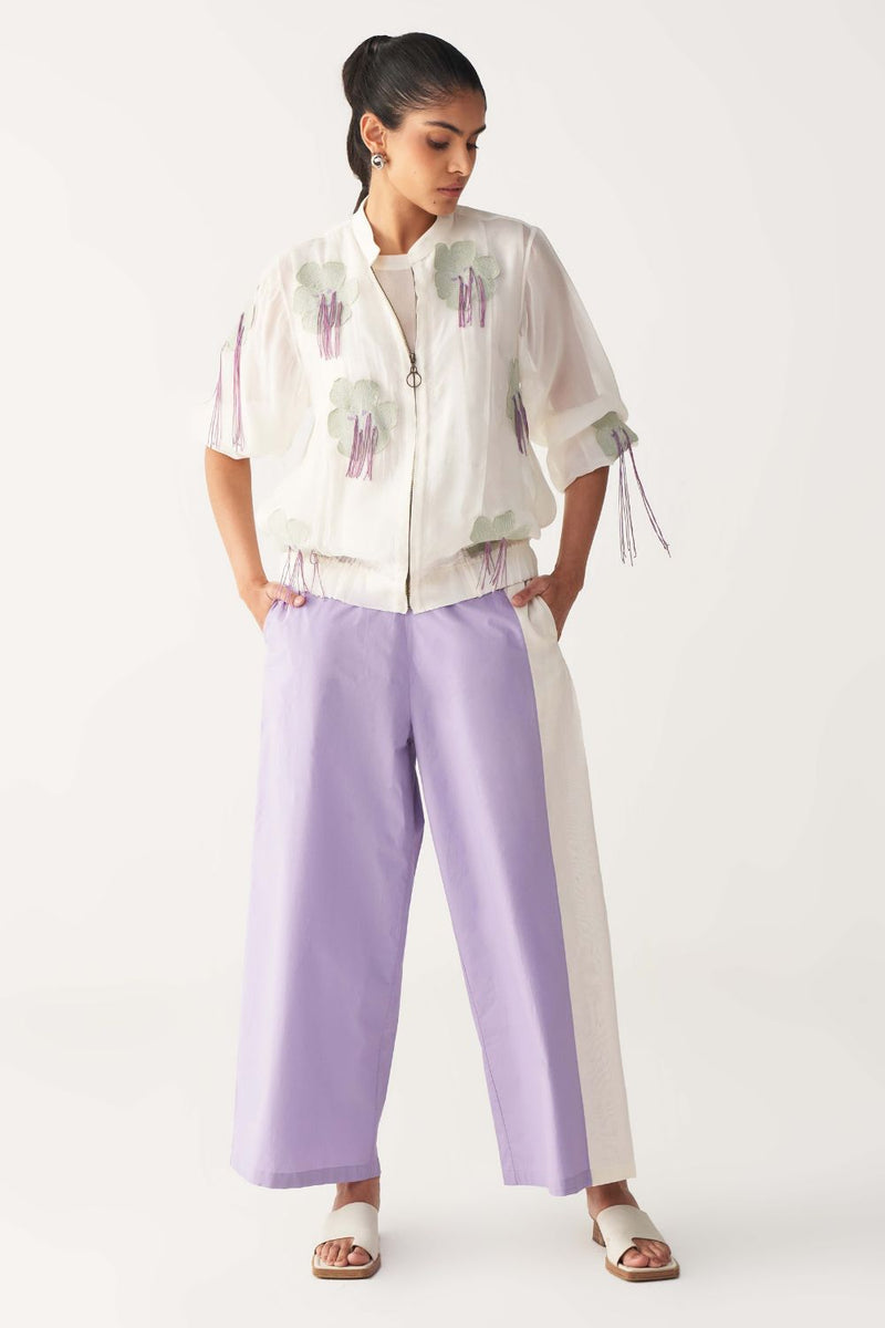 FLORAL FRINGE BOMBER CO-ORD-IVORY & LAVENDER chanderi by THREE in ivory color for women Worldwide