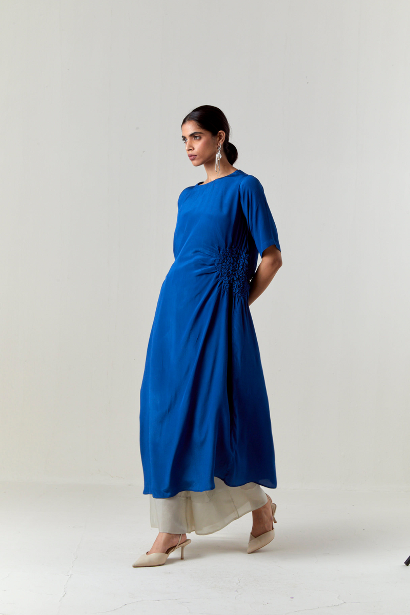 RUCHING TUNIC CO-ORD-ELECTRIC BLUE by THREE in blue color for women Worldwide