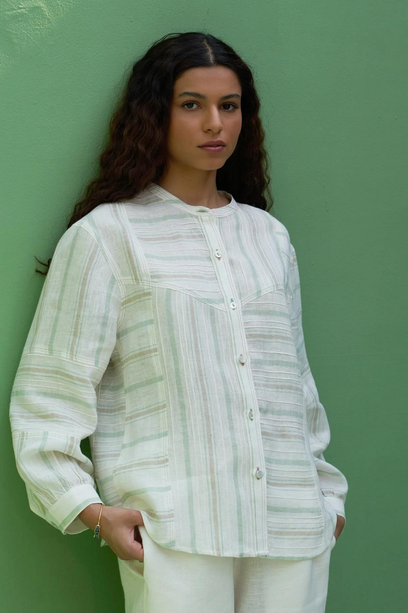 Miyu Pintucked Linen Shirt
 - Mint linen by Manan in mint color for women Worldwide