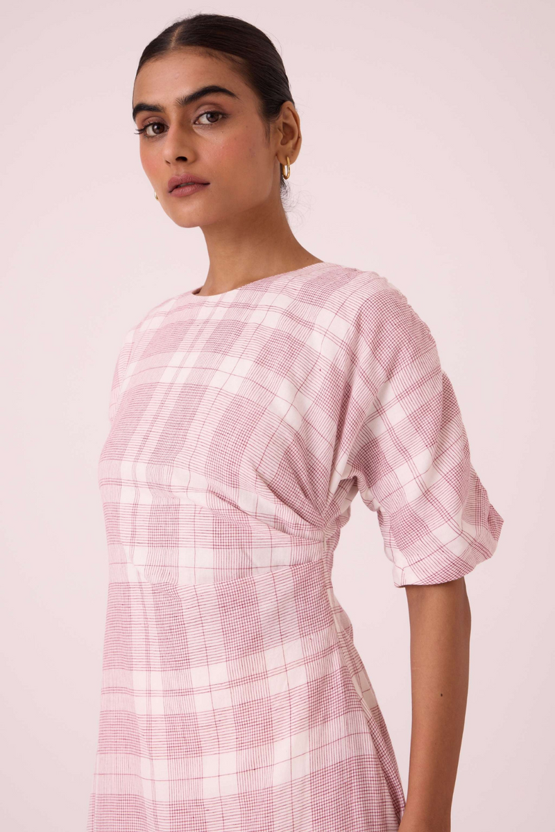 Pine Checkered Handwoven Dress cotton by The Summer House in white color for women Worldwide