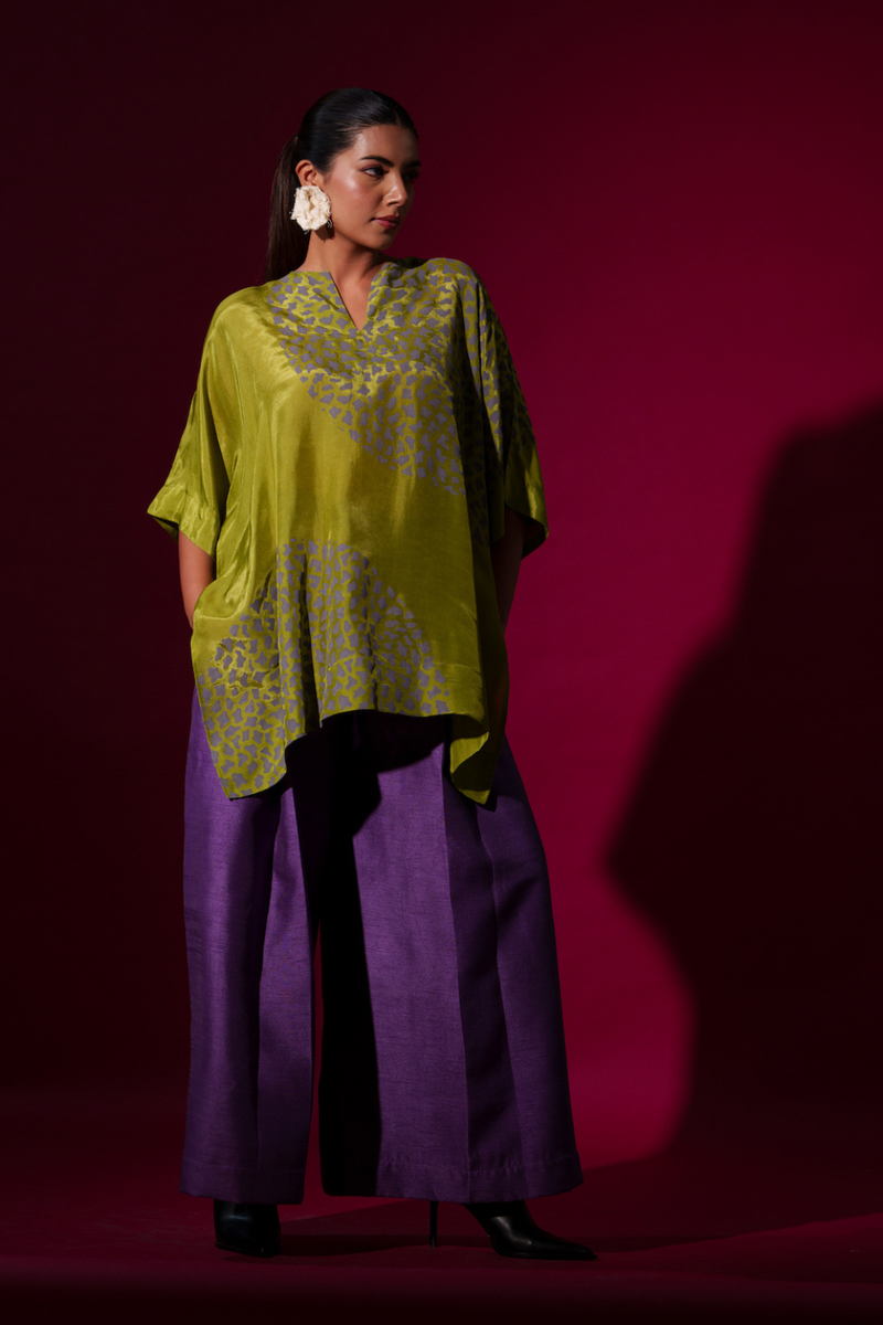 Beau Top-Leaf Green + Grey upada silk tops and shirts by Stoique in leaf green, grey for women Worldwide
