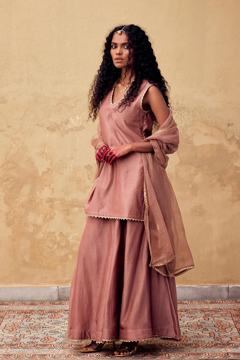 Kishmish Sharara set with Dupatta chanderi by Khara Kapas in brown for women Worldwide