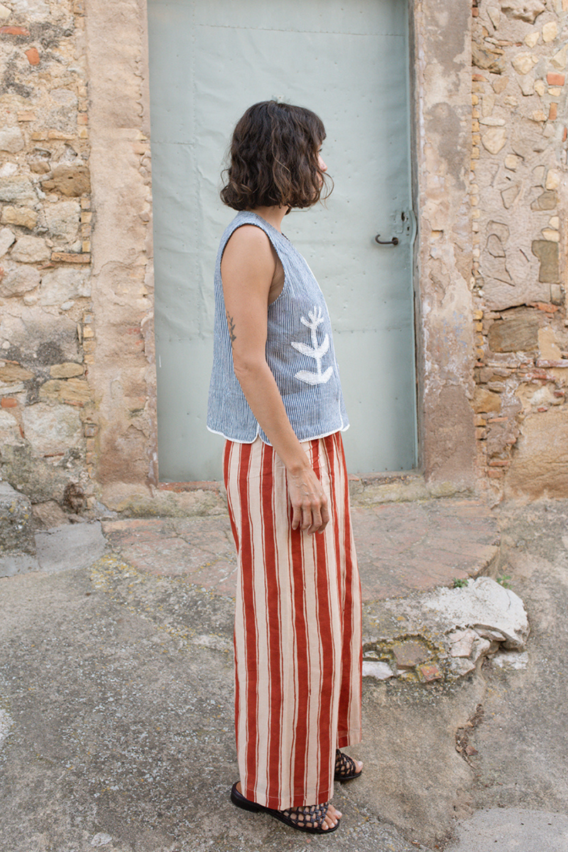 Zebra Stroll Pants-Red Stripes handwoven cotton pant/trouser by World of Crow in multicolor for women Worldwide