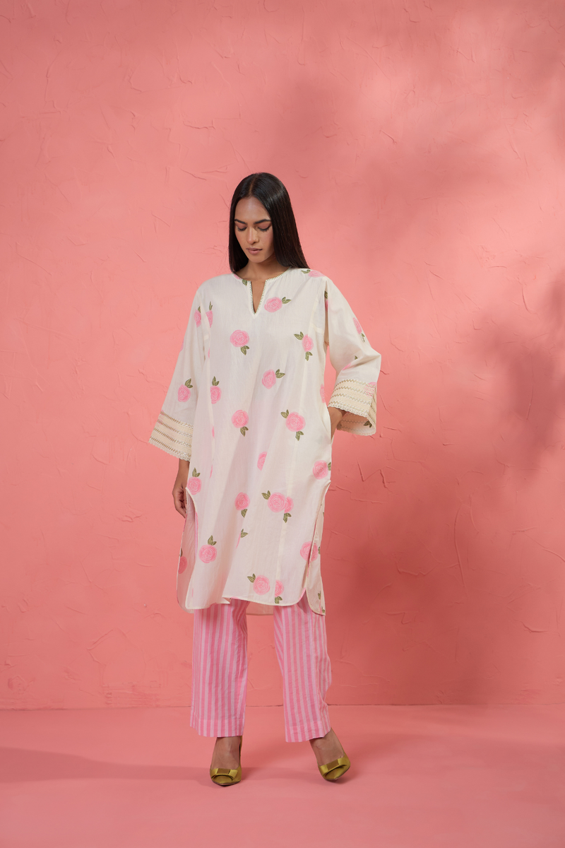 Gul Rose Set 3 cotton cambric light kurta set by AAVIDI in off white for women Worldwide