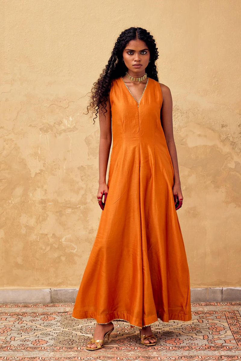 Kesar Jumpsuit chanderi by Khara Kapas in orange for women Worldwide