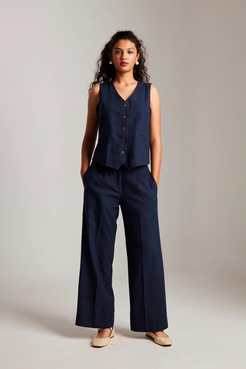 Navy Co-Linen Pleated Trousers cotton by Saphed in navy color for women Worldwide