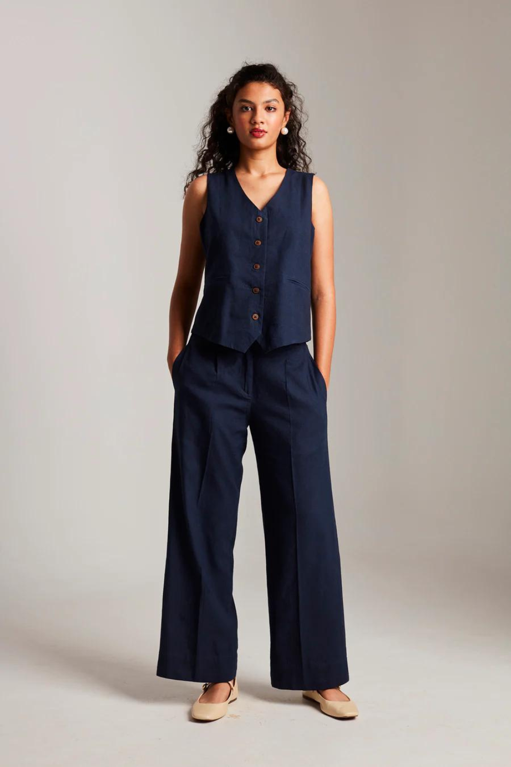 Navy Co-Linen Pleated Trousers