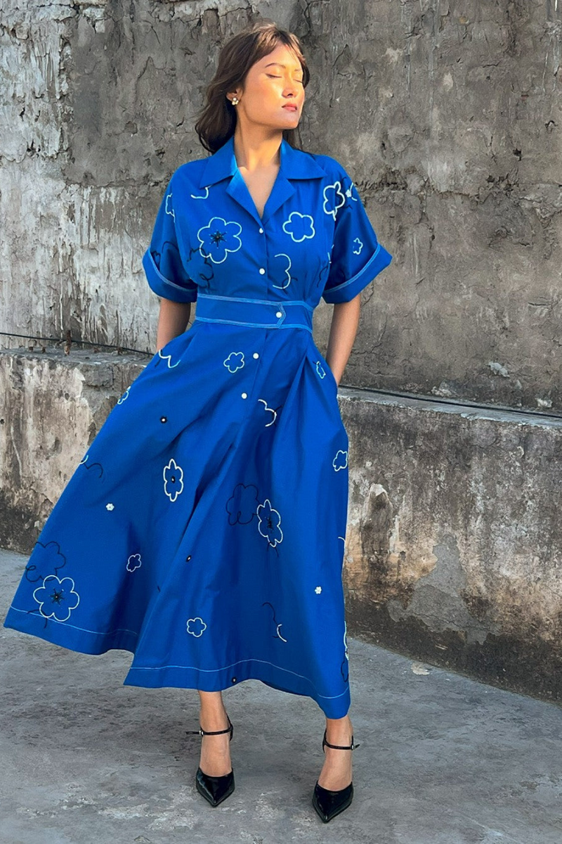 Ditsy Embroidered Sundress 100% cotton by Leh Studios in blue color for women Worldwide