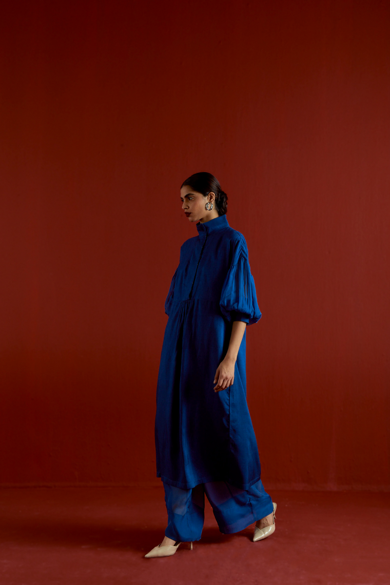 TURTLE NECK TUNIC CO-ORD-ELECTRIC BLUE silk by THREE in blue color for women Worldwide