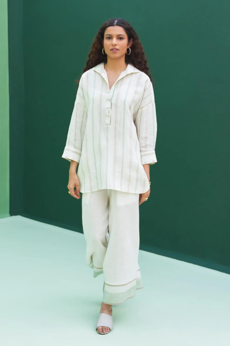 Kiku Striped Linen Co-ord Set
 - Mint linen by Manan in mint color for women Worldwide