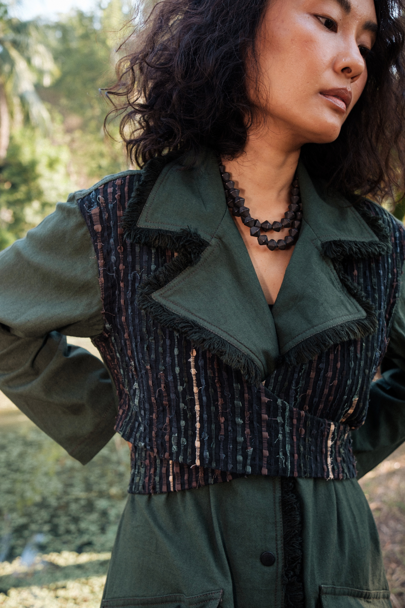 Upcycled Handwoven Copenhagen Trench - Green cotton by The Terra Tribe in green color for women Worldwide