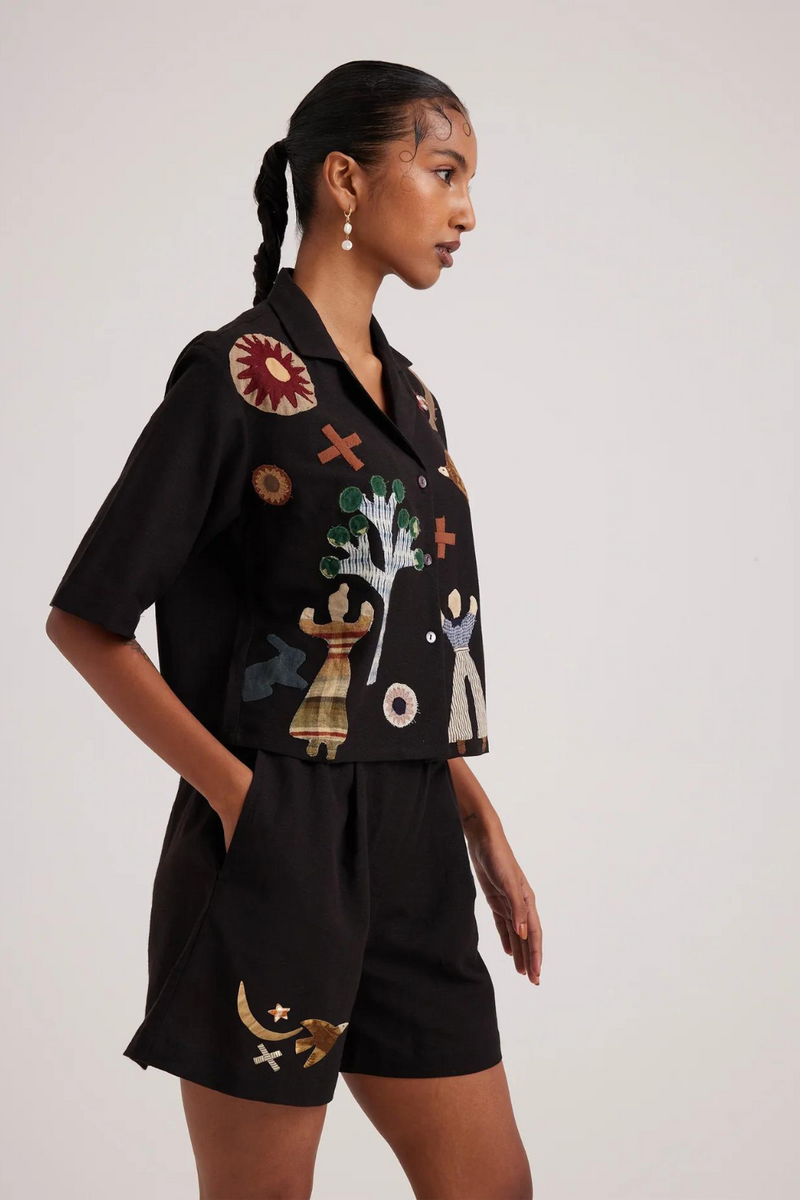 Crop Shirt-Applique Black rayon by CORD for women Worldwide