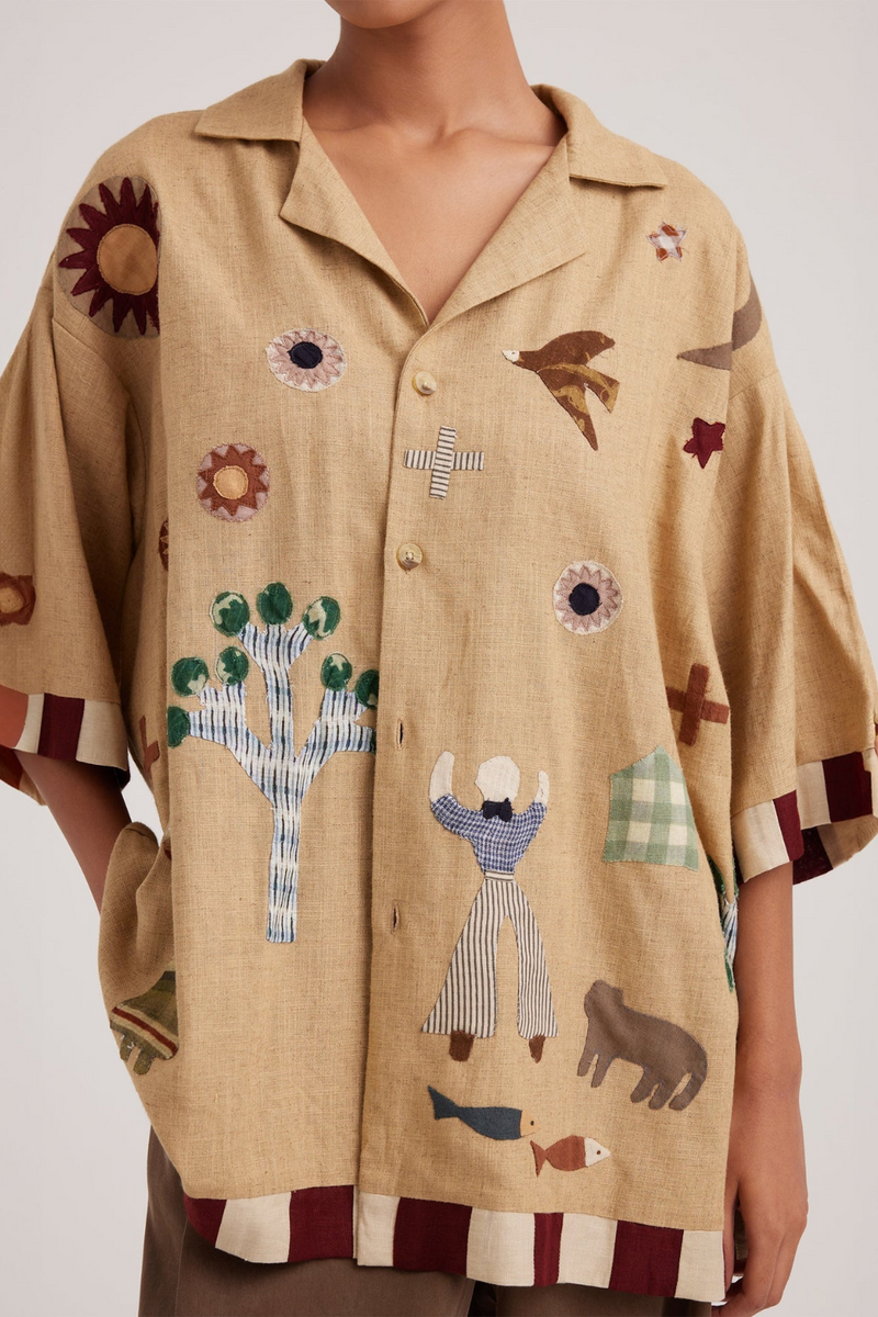 Unisex Oversized Shirt-Folk Applique-Beige by CORD for women Worldwide