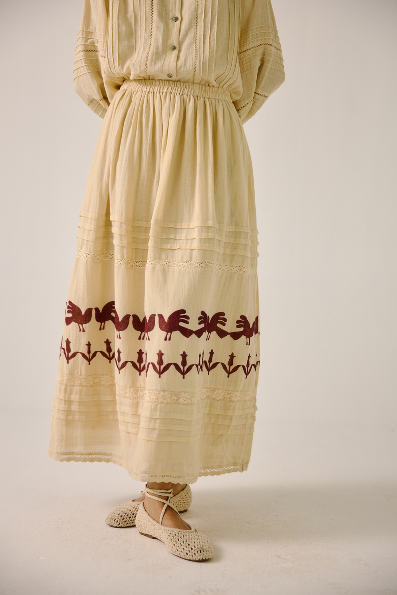 Emily Skirt - Ivory Block Print cotton by CORD in ivory for women Worldwide