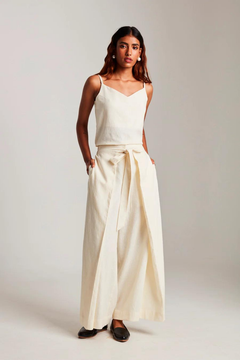 Vanilla Co-Linen Wrap Pants cotton by Saphed in white color for women Worldwide