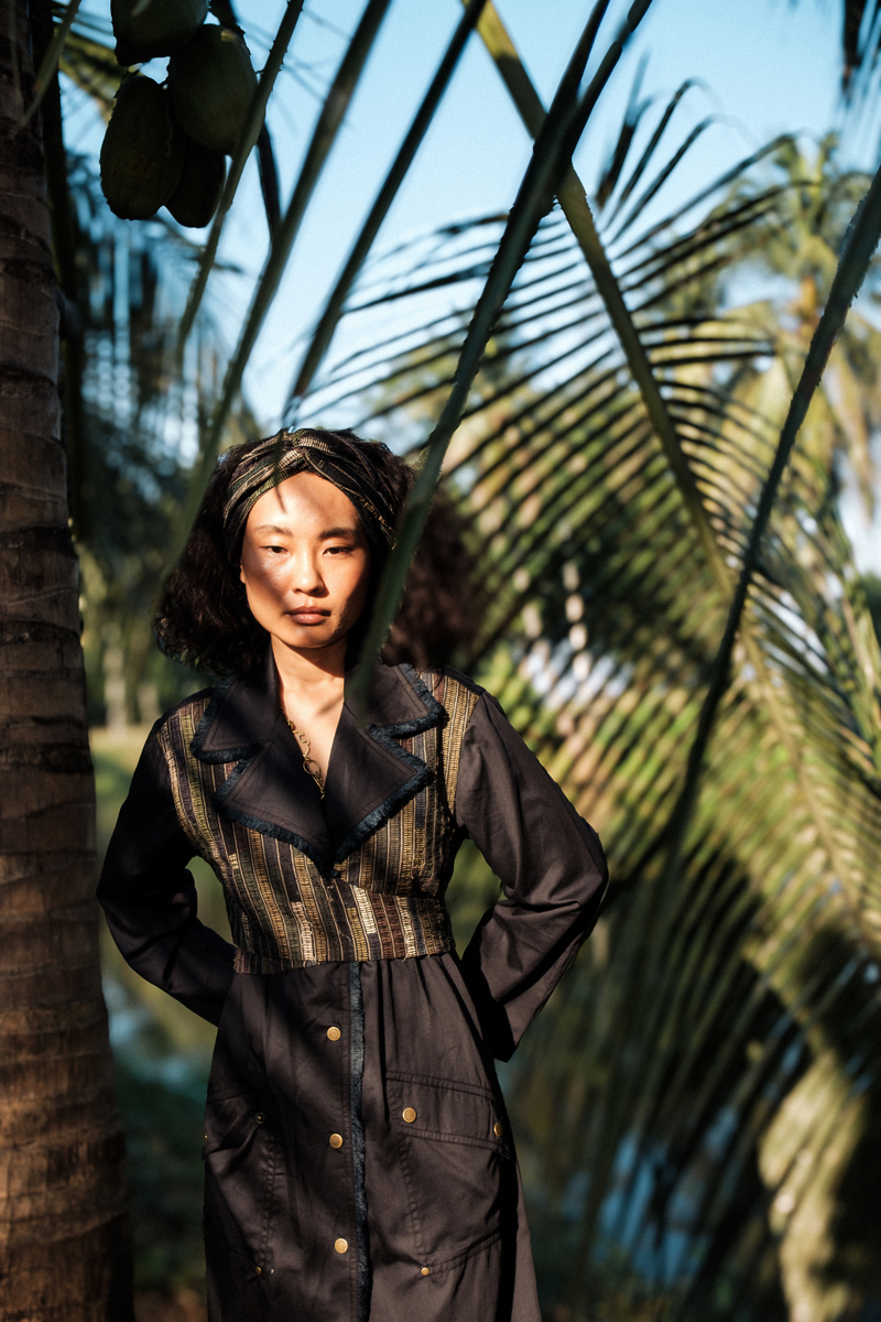Upcycled Copenhagen Trench - Black Green cotton by The Terra Tribe in green color for women Worldwide