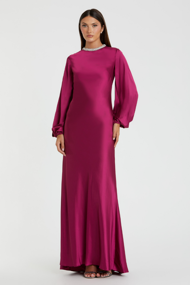 26575-Bishop Sleeve Satin Gown-Berry by Mac Duggal for women Worldwide
