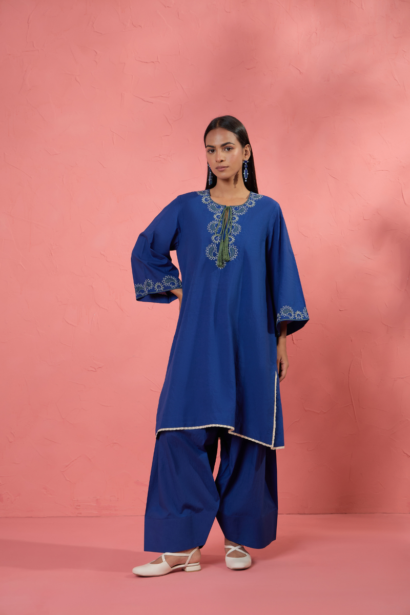 Fi Rose Set 3 cotton cambric light kurta set by AAVIDI in blue for women Worldwide