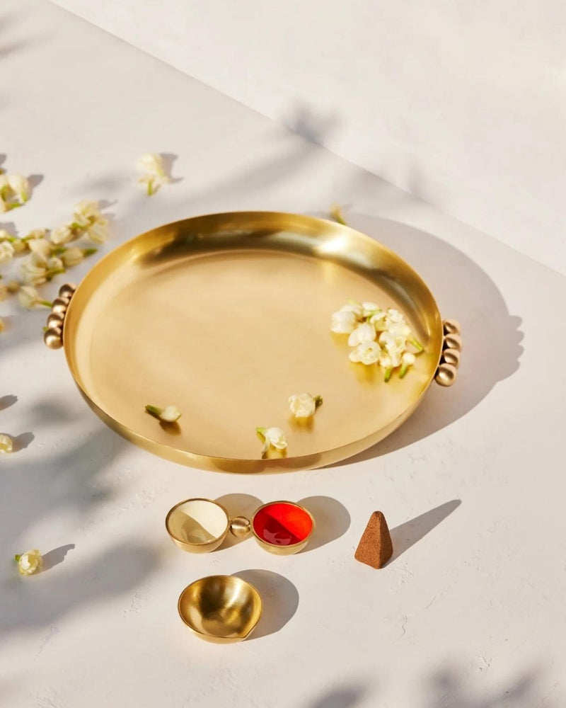 Merak Brass Pooja Thali Set linen by Gado Living for Worldwide