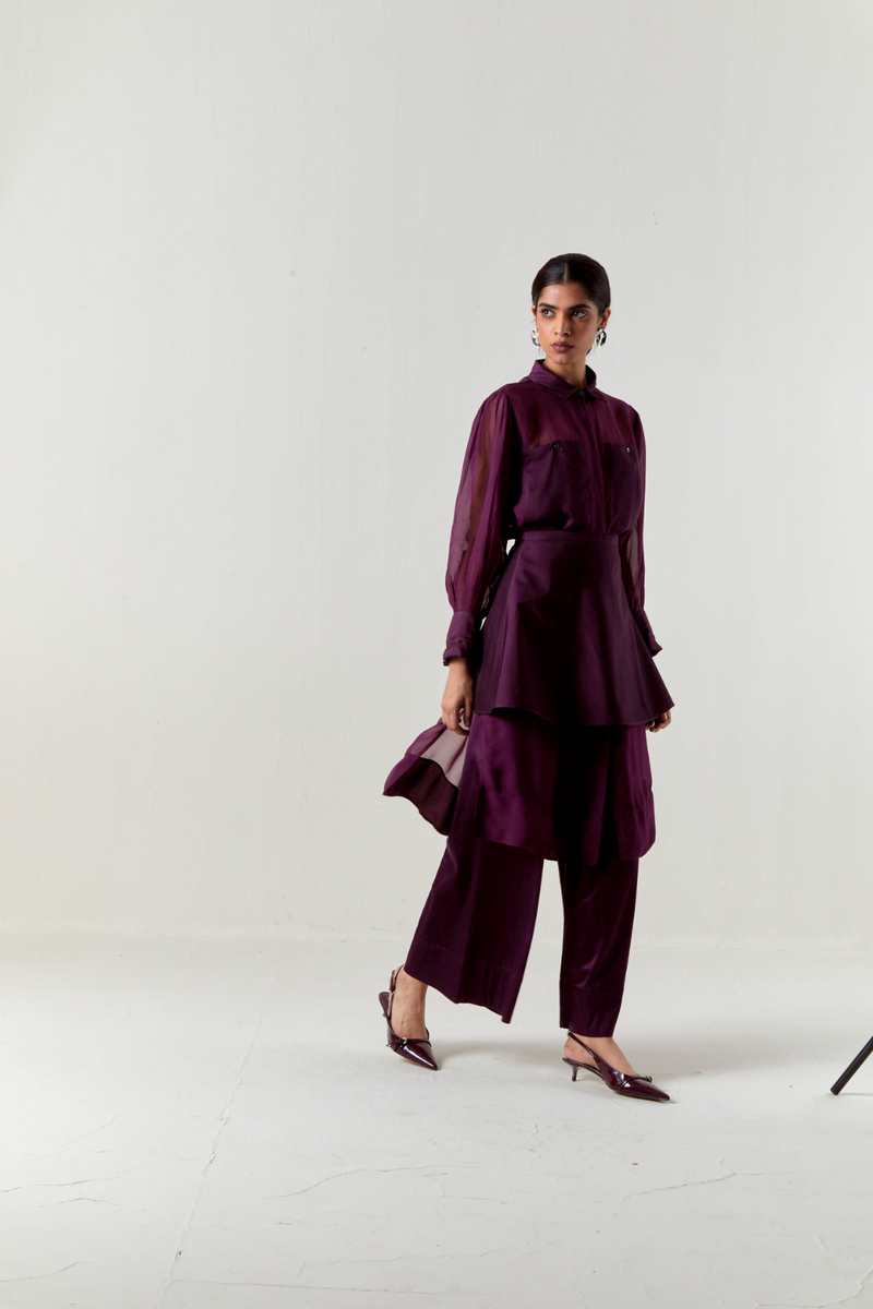 BEADED COLLAR SHEER SHIRT CO-ORD-WINE organza by THREE for women Worldwide