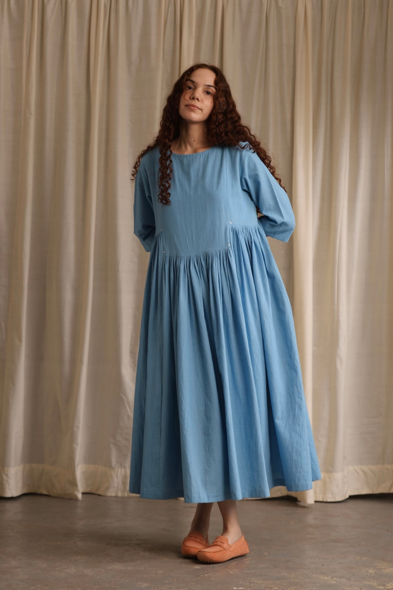 Bonnie Dress - Cornflower cotton by MASON AND MILL in blue color for women Worldwide